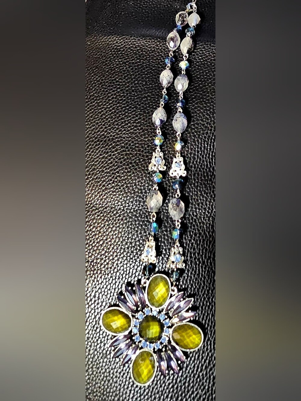 22"Statement Crystal Flower Medallion Pendant Necklace | Smoky & Purple AB Glass